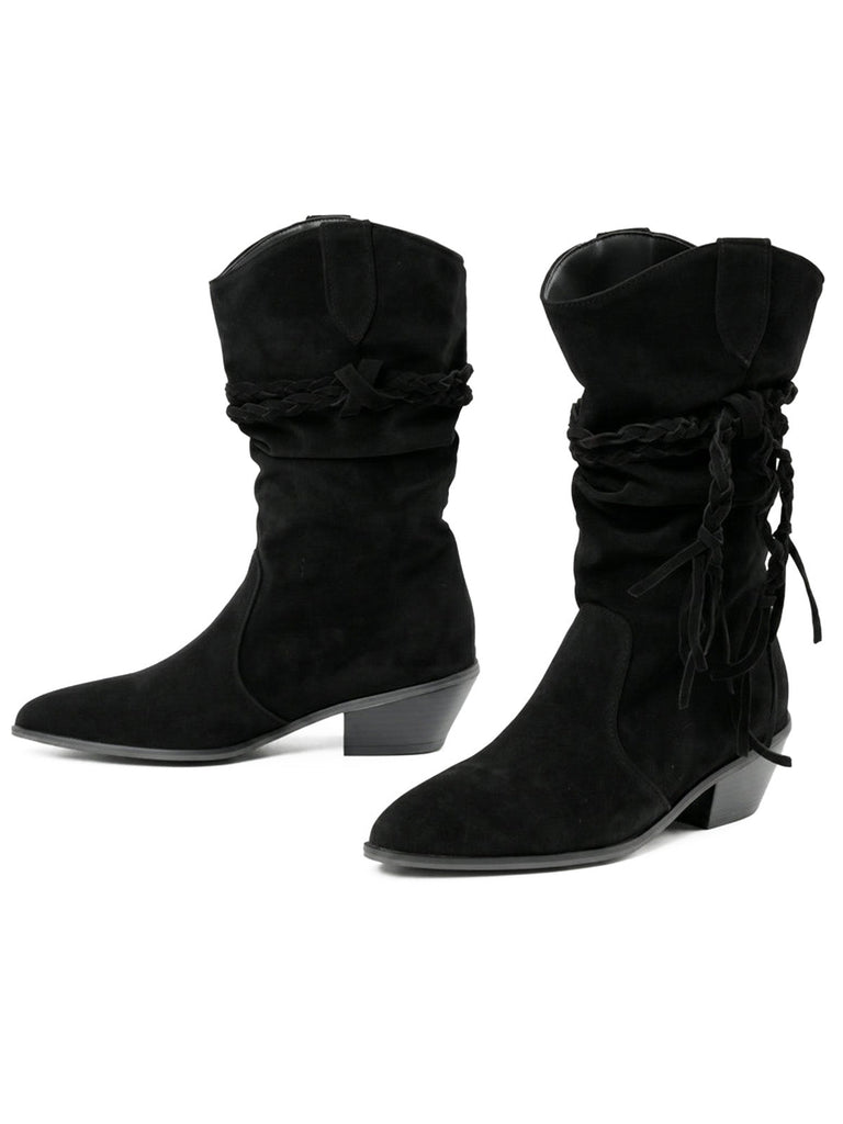 Bottes western noires mi-mollet en velours à brides tressées - 3