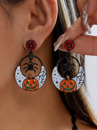 Boucles d’Oreilles Halloween Orange à Strass, Citrouille, Araignée et Lune - 1