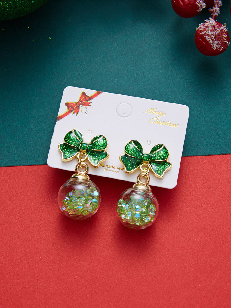 Boucles d’oreilles pendantes boules de verre et nœuds verts scintillants de Noël - 1