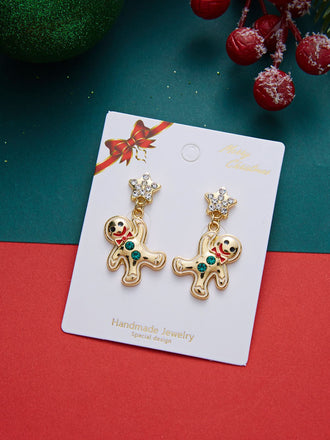 Boucles d’oreilles pendantes dorées bonhommes en pain d’épices de Noël en strass - 2