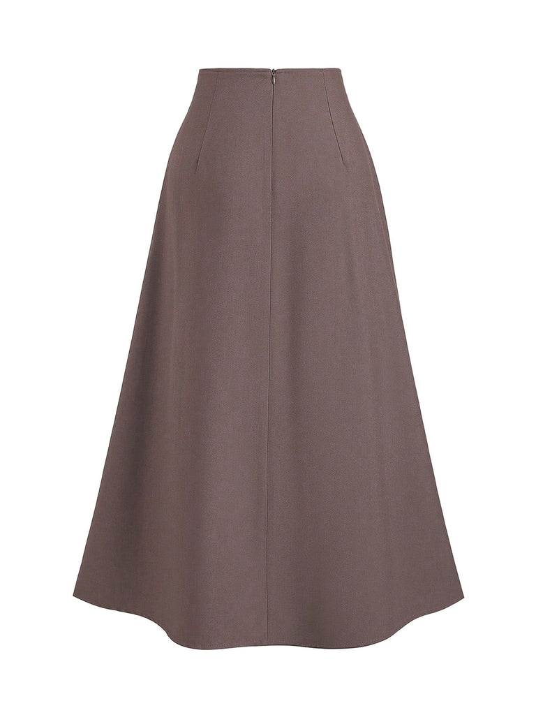 Marron Taille Haute Bouton Plissé Jupe Années 1980 2