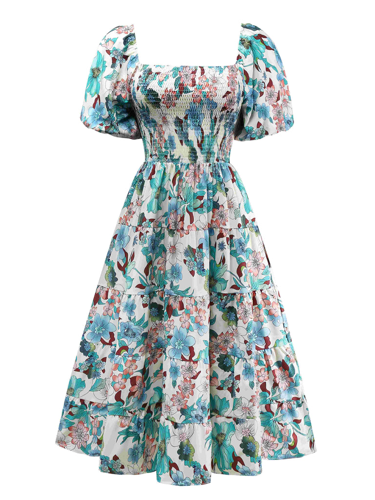 Robe bardot verte fleurs épaules dénudées années 1950