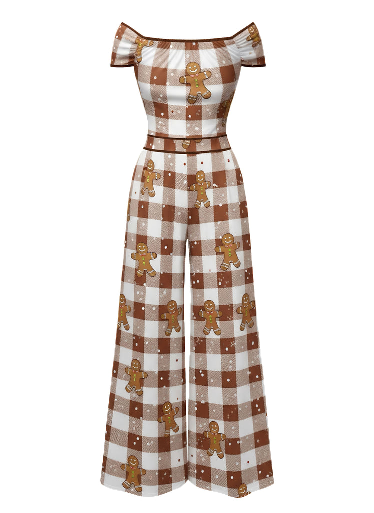 Combinaison marron à épaules dénudées carreaux et pain d'épices des années 1960