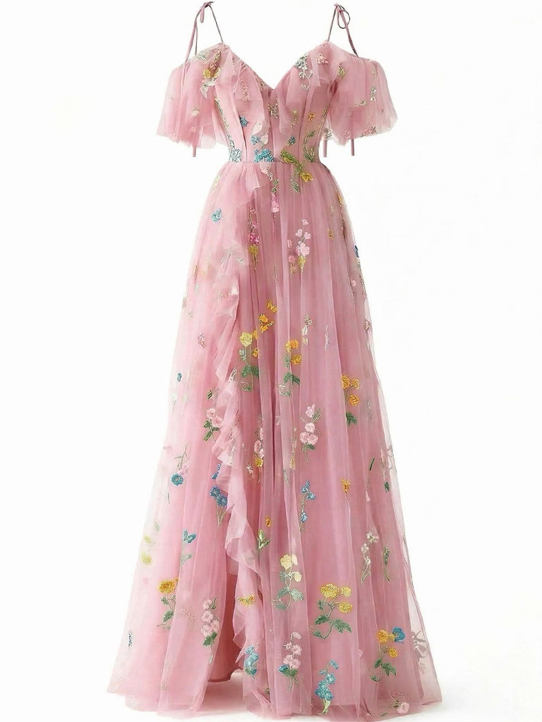 Robe Bleue fendue en tulle fleurs années 1970