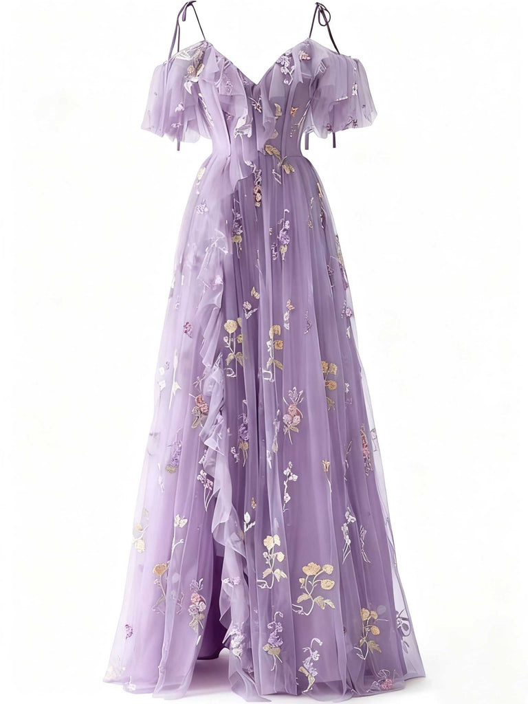 Robe fendue tulle fleurs rose 1970s