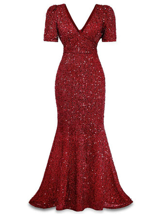 [Prévente] Robe sirène longue à paillettes et nœud rouge vin années 30