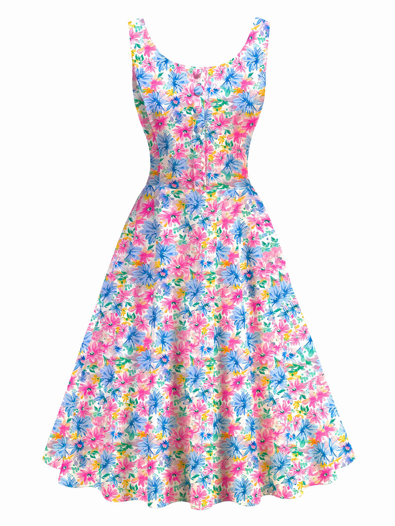 Robe trapèze multicolore à fleurs all-over années 1950