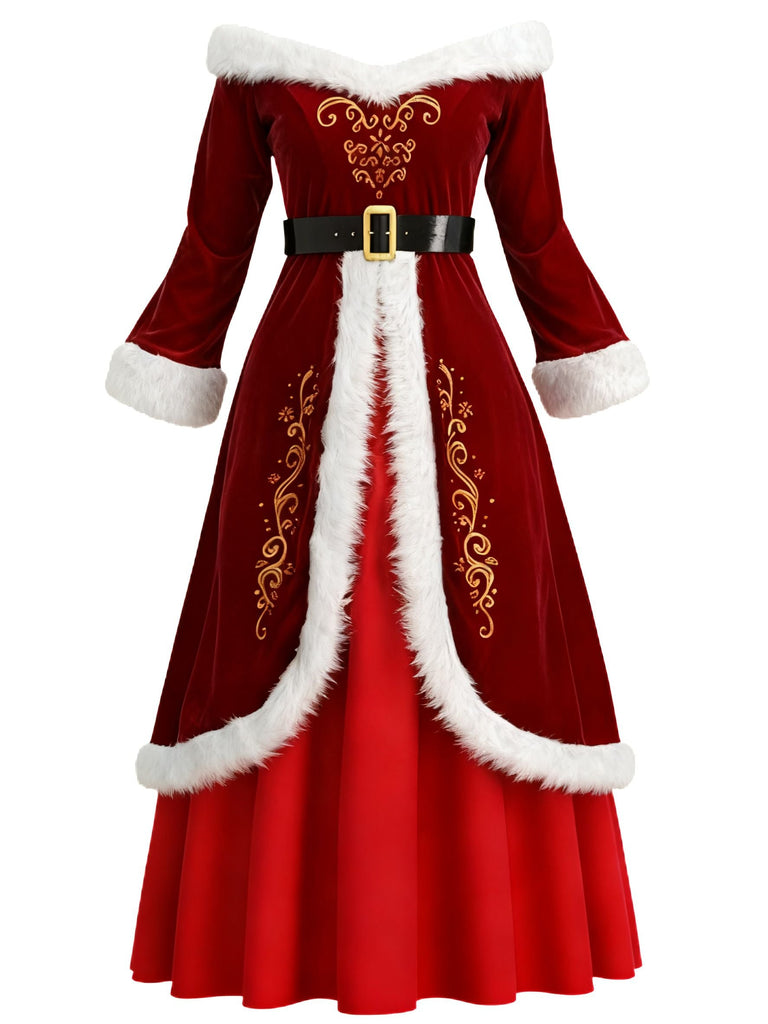 Robe de Noël rouge en velours et fausse fourrure des années 1930