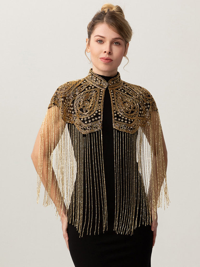 Cape Courte Gatsby à Col Montant, Perles et Franges Années 1920 - 4