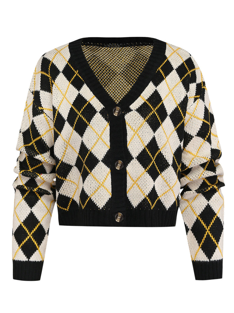 Cardigan en maille à losanges, col V et boutons Années 1980 - 1