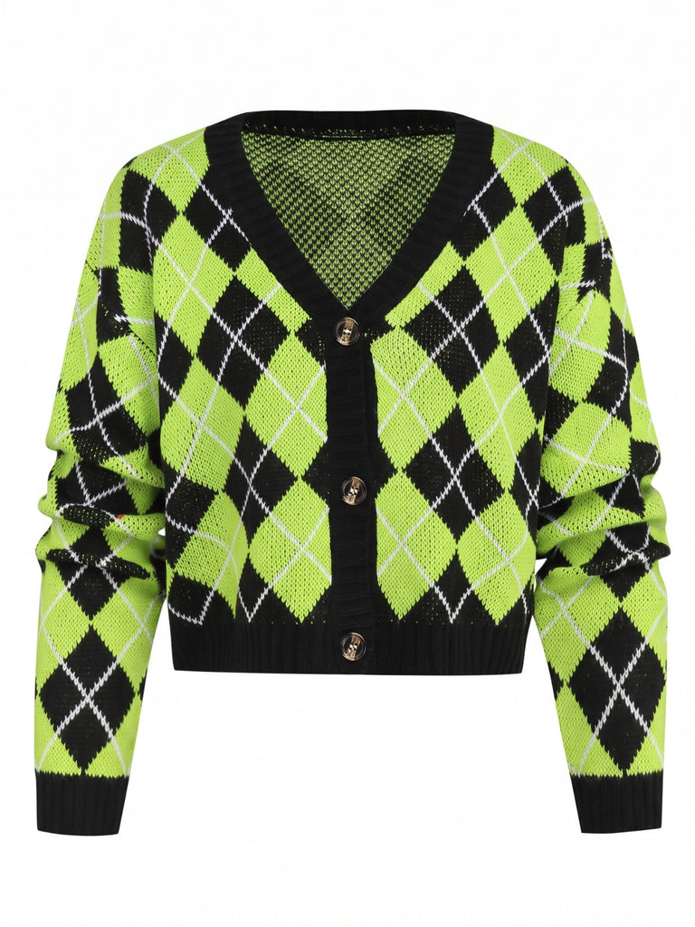 Cardigan en maille à losanges, col V et boutons Années 1980 - 9