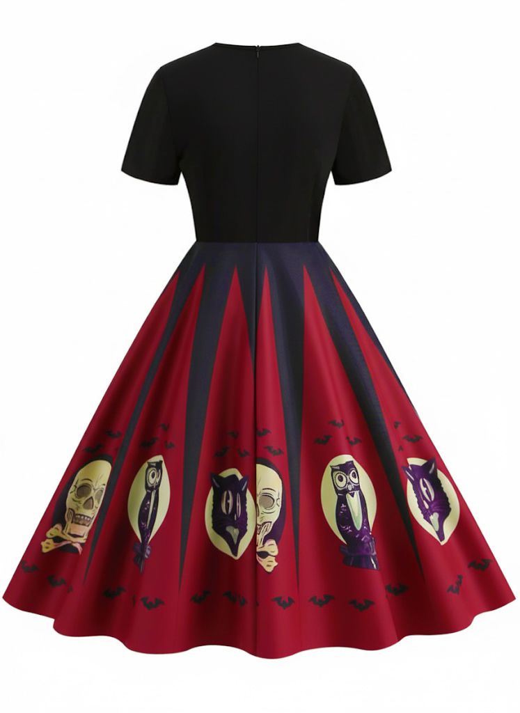 Robe patchwork imprimé toile d'araignée pour Halloween des années 1950