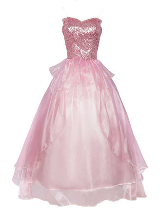 Robe princesse rose à paillettes et tulle superposé des années 1970