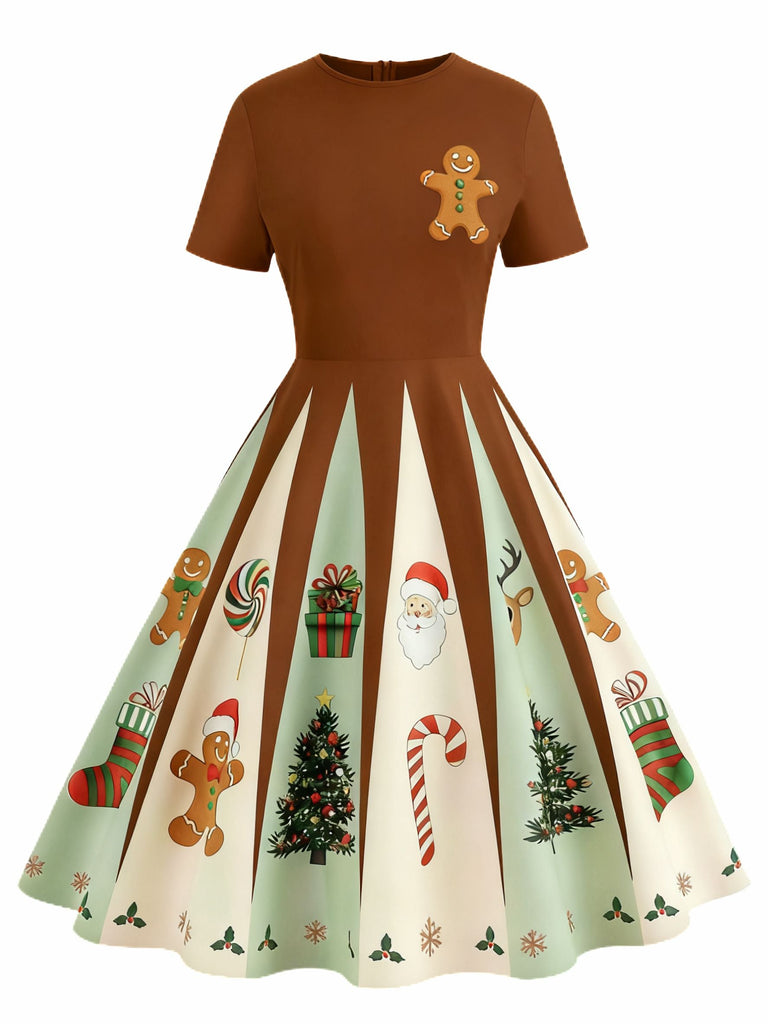 Robe trapèze marron style pain d'épices de Noël des années 1950