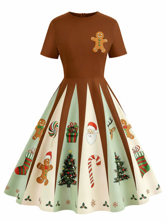 Robe trapèze marron style pain d'épices de Noël des années 1950