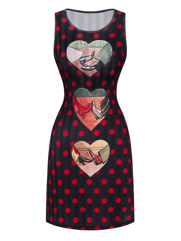Robe Crayon Noire Pois Motif Cœur Années 1980