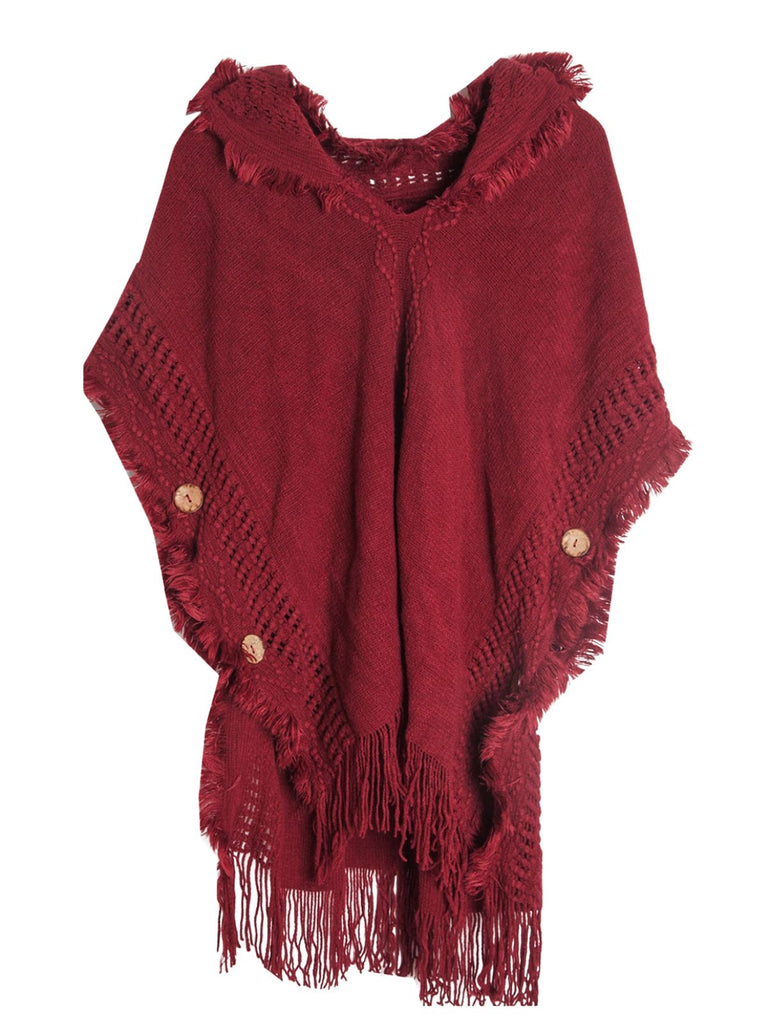 Châle Bohème en Maille à Capuche, Boutons et Franges Années 1950 - 1