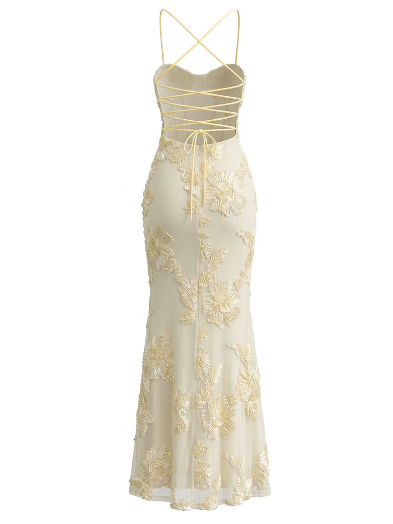 Bretelles Fines 3D Floral Maxi Robe Sirène Années 1930 10