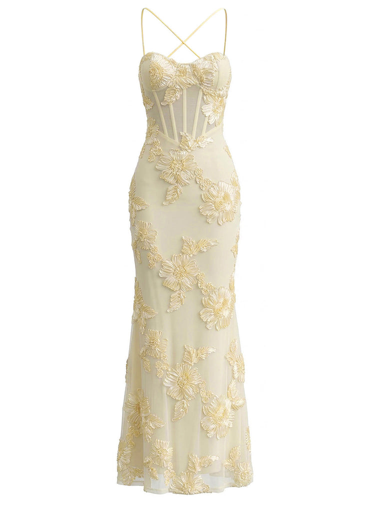 Bretelles Fines 3D Floral Maxi Robe Sirène Années 1930 9