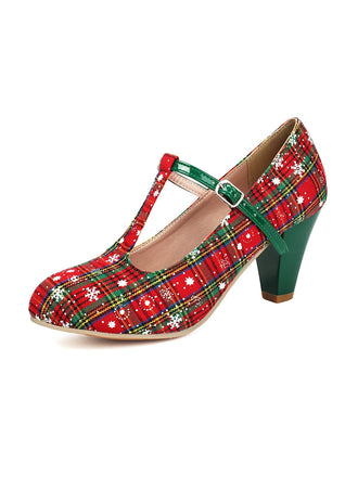 Chaussures Mary Jane à Talons Hauts, Bride en T, Carreaux et Flocons de Noël - 1