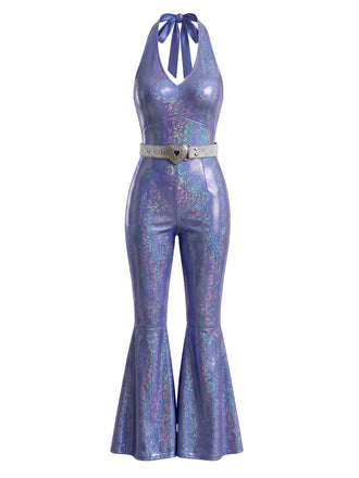 Combinaison disco métallisée holographique à col dos-nu, ceinture et jambes évasées Années 1970 - 2