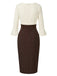 Back view of the cream and brown polka dot dress showcasing the fitted silhouette, bell sleeve detail, and a discrete back zipper closure.