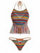 Multicolore Rayé Pompon Crochet Halter Ensemble Bikini Années 1970 3