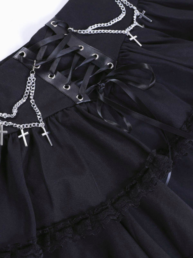 Jupe noire gothique dentelle croisée et chaîne années 1980