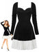 Robe col cœur et ourlet plissé en velours noir et blanc contrastée années 60
