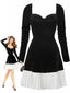 Robe col cœur et ourlet plissé en velours noir et blanc contrastée années 60