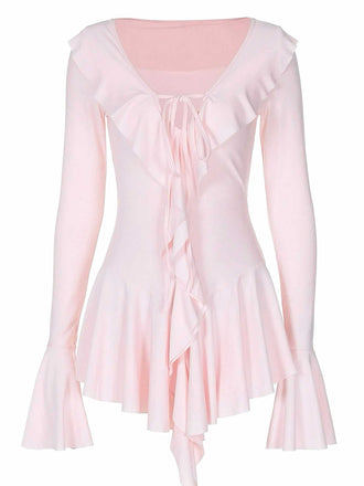 Robe rose col en V et manches évasées volants années 60