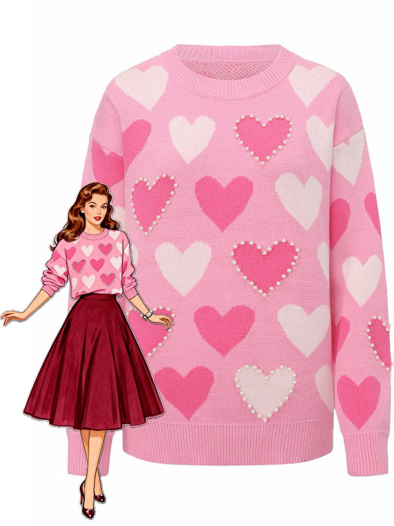 Pull rose perles en forme de cœur années 1950