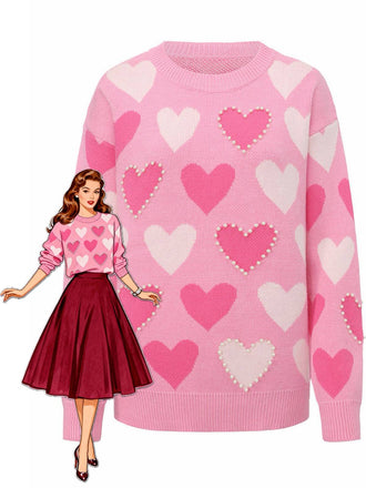 Pull rose perles en forme de cœur années 1950