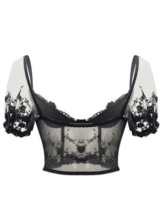 Haut corset en dentelle noir à manches bouffantes des années 1970