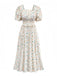 Robe jaune fleurs à col carré des années 1940