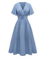 Robe manches volants froncée fendue col V uni des années 1940