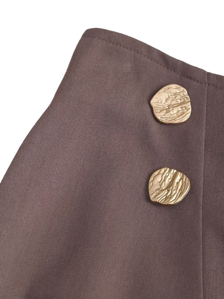 Marron Taille Haute Bouton Plissé Jupe Années 1980 3