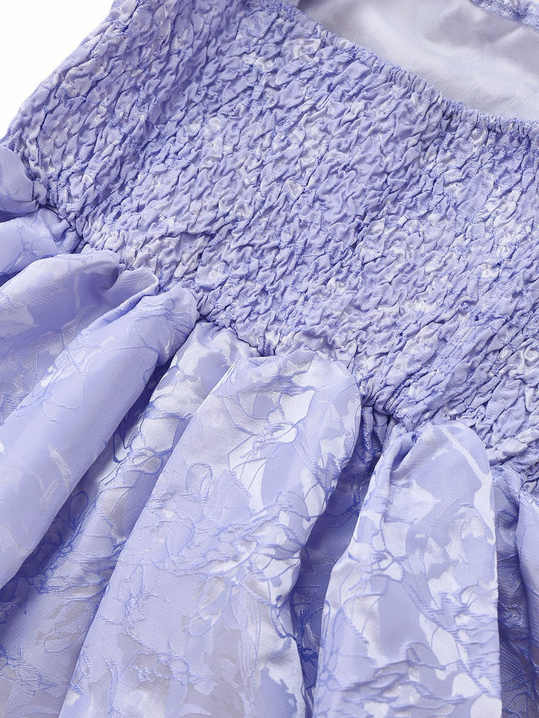 Mini robe plissée en jacquard fleurs bleu violet des années 1970