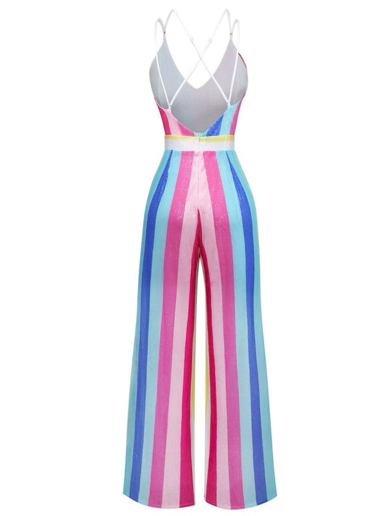 Combinaison multicolore à rayures verticales et paillettes col en V années 1960