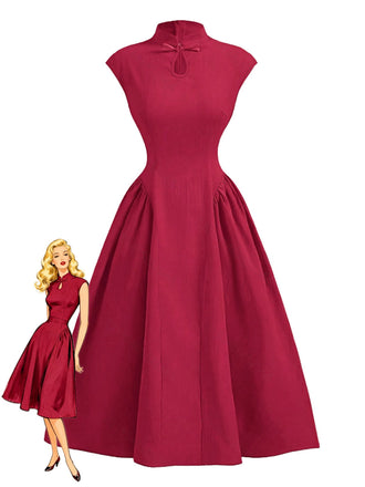 Robe À Ligne A Rouge Manches Courtes Col Montant Années 50