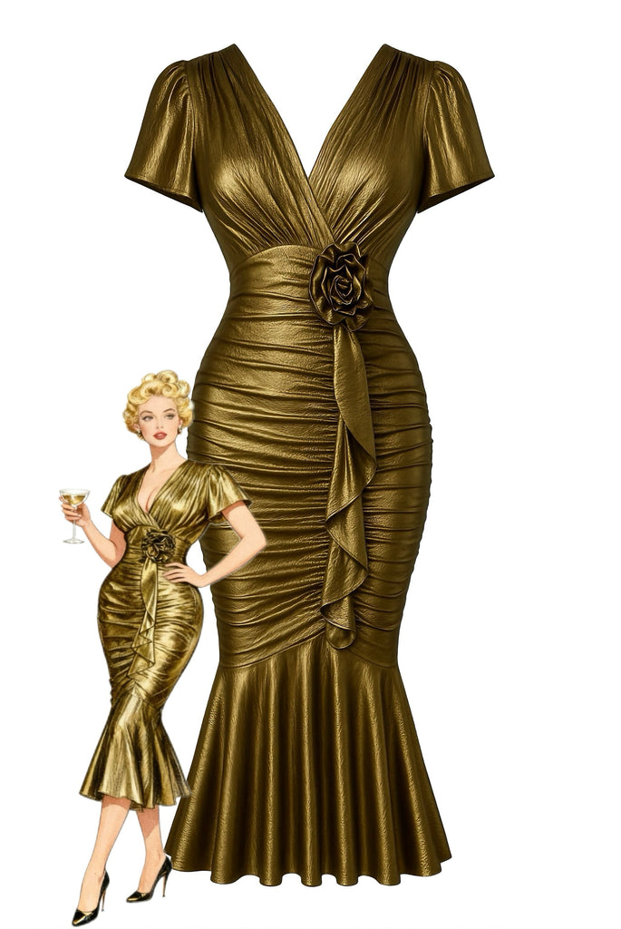 Robe sirène 3d floral texturé métallisé taille cintrée doré des années 1930