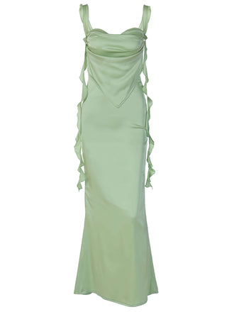 Robe froncée dos nu en satin uni des années 1970