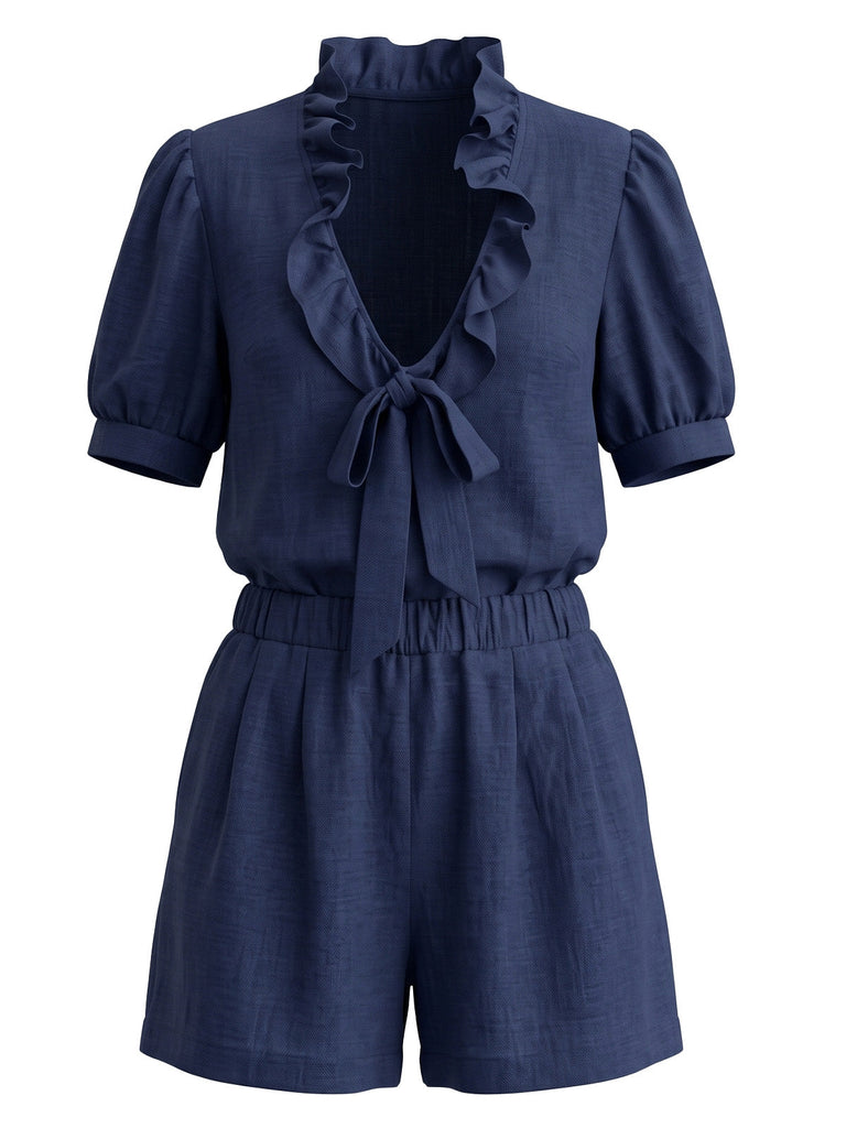 Ensemble 2 pièces blouse à volants, nœud et manches bouffantes et short Années 1950 - 1
