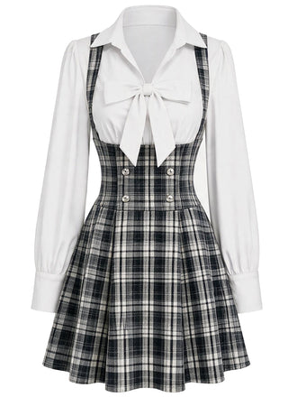 [Prévente] Ensemble 2 pièces blouse blanche à col revers et nœud et jupe à bretelles à carreaux Années 1940 - 2