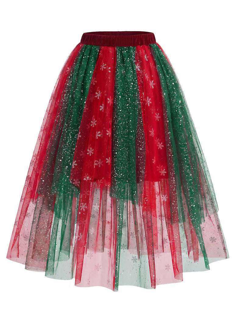 [Prévente] Ensemble 2 pièces haut en fourrure à épaules dénudées et jupe en tulle à flocons de Noël Années 1950 - 10