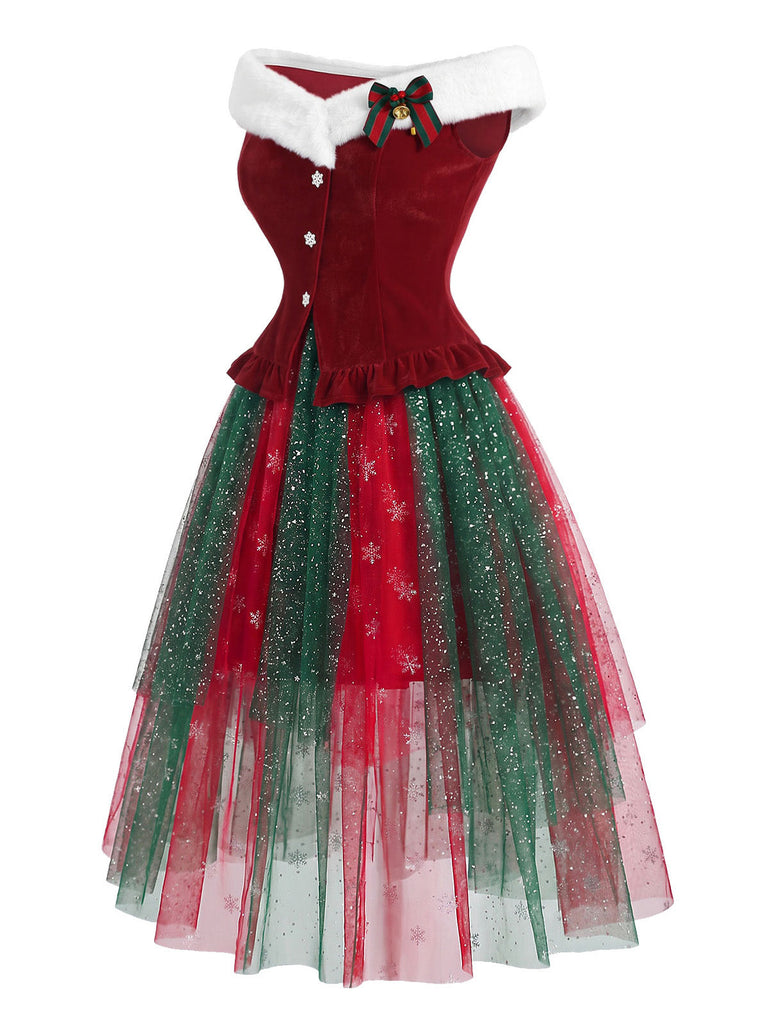 [Prévente] Ensemble 2 pièces haut en fourrure à épaules dénudées et jupe en tulle à flocons de Noël Années 1950 - 3
