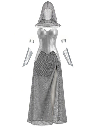 Ensemble déguisement de chevalier médiéval argenté effet cotte de mailles pour Halloween Années 1970 - 2