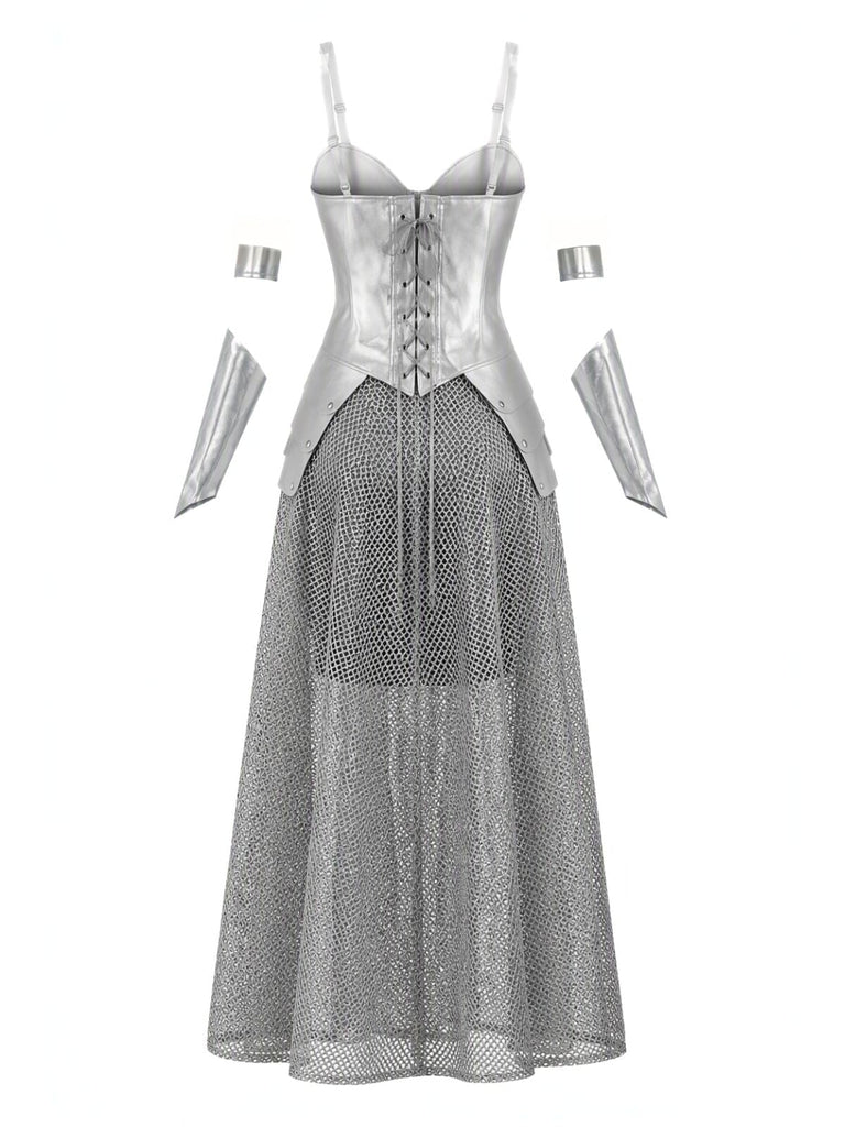 Ensemble déguisement de chevalier médiéval argenté effet cotte de mailles pour Halloween Années 1970 - 4