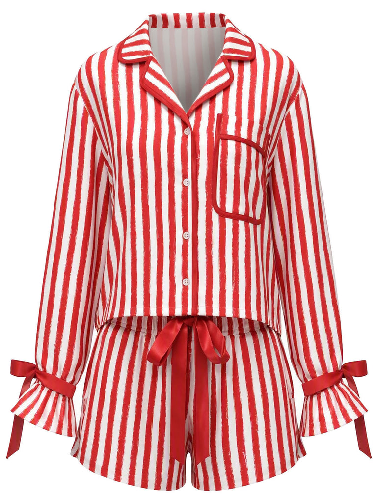 [Prévente] Ensemble pyjama avec short à rayures verticales rouges et blanches et rubans Années 1950 - 1