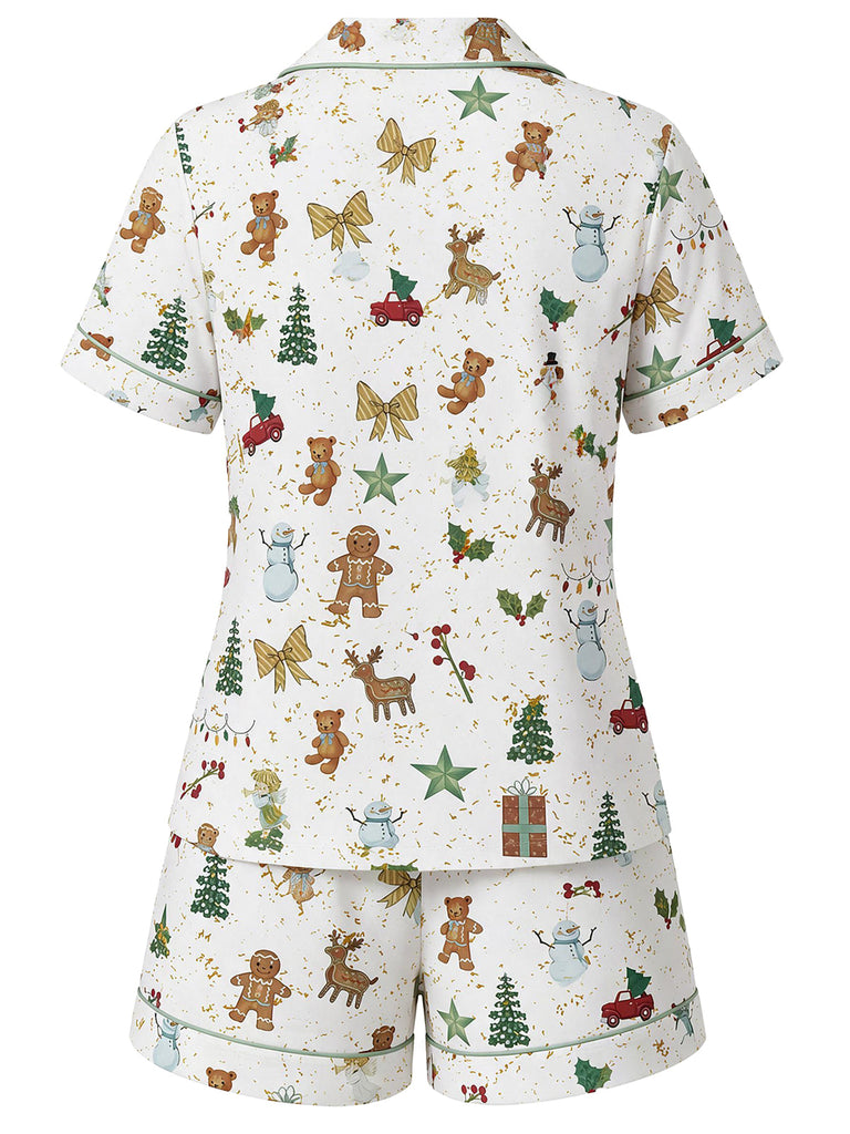 [Prévente] Ensemble Pyjama Blanc de Noël Imprimé à Manches Courtes Années 1970 - 2